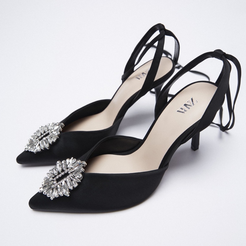 Zara Black Satin Pointed Slingback Heels with Crystal Brooch - Picture 2 of 16